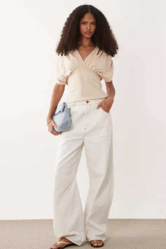 ASOS DESIGN plunge with cinched waist top in stone