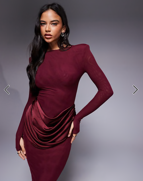 Wanderdoll Eman slash neck satin drape waist detail long sleeve bodycon maxi dress in berry