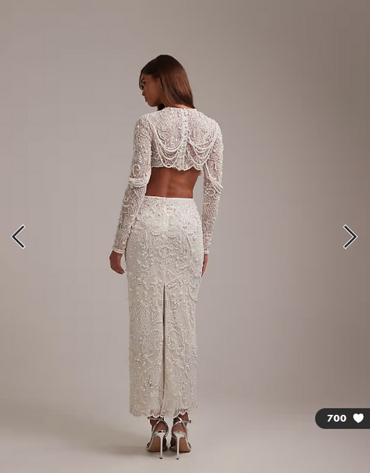 ASOS DESIGN ornate pearl embellished column maxi wedding dress with cut away waist in ivory