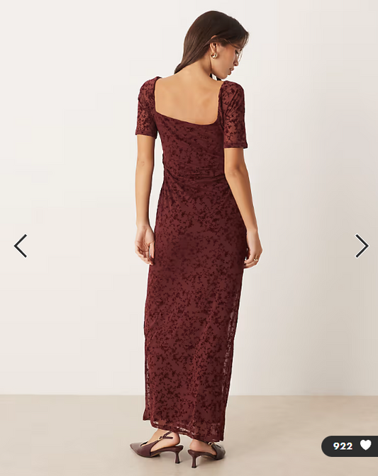 ASOS DESIGN lace devore puff sleeve midi tea dress in burgundy