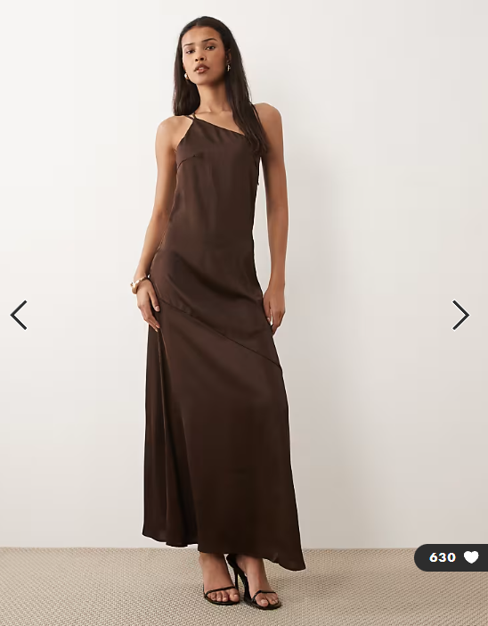 Vila one shoulder strap detail satin maxi dress in chocolate brown
