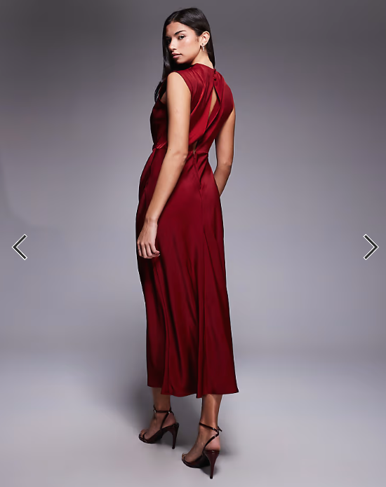 Asos - satin high neck pleated bldice midi dress burgundy