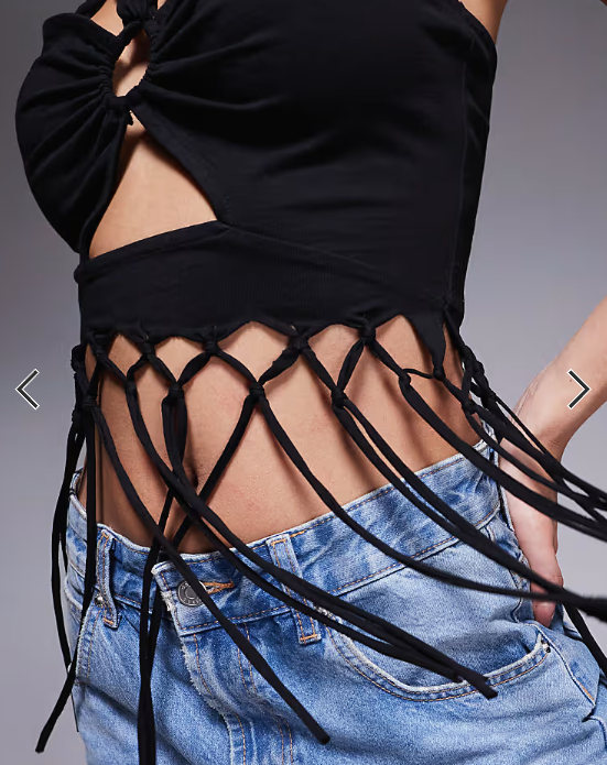 ASOS DESIGN ruched front fringed cami top in black