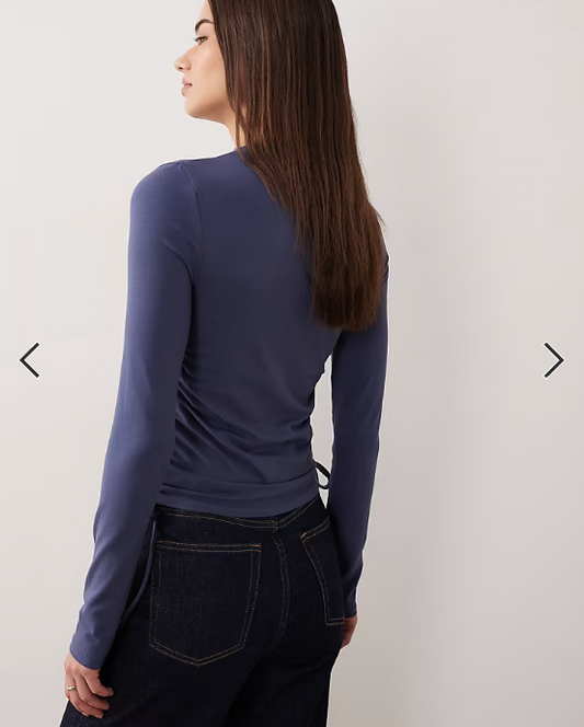 ASOS DESIGN ruched detail tie side high neck long sleeve top in dusky blue