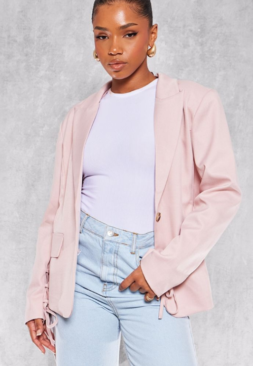 Pastel Pink Lace Up Sleeve Blazer