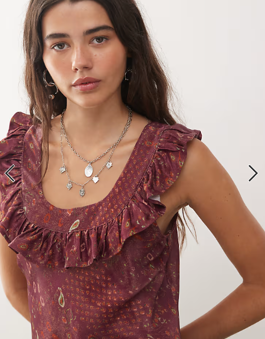 Reclaimed Vintage maxi tea dress with frill neck in burgundy floral print