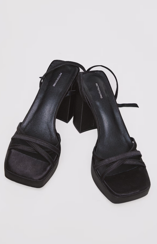 Black Satin Cross Multi Strap Slight Platform High Block Heeled Sandals