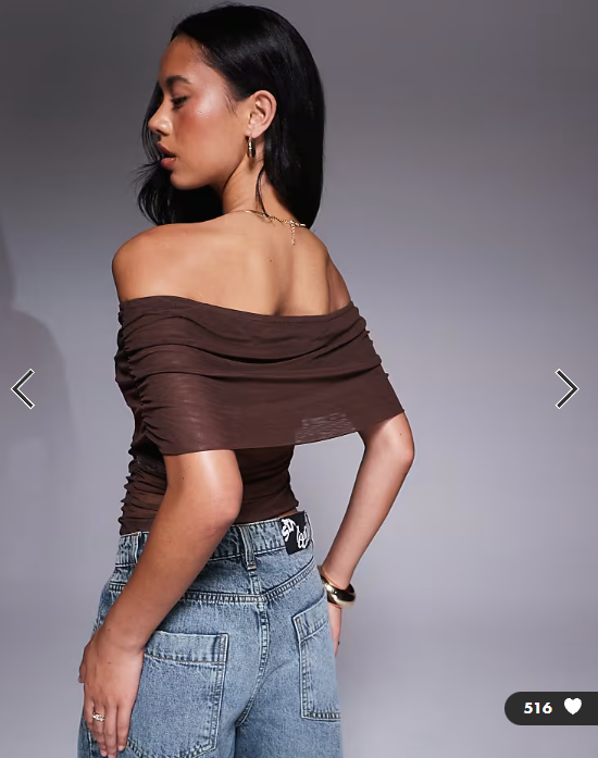 ASOS DESIGN mesh fold over ruched off shoulder top in chocolate