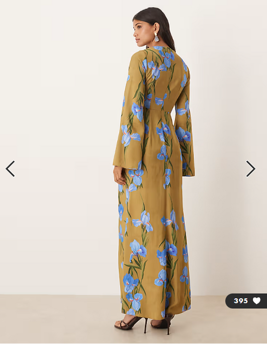 ASOS DESIGN long sleeve maxi dress with ruffle skirt in oversized green floral print