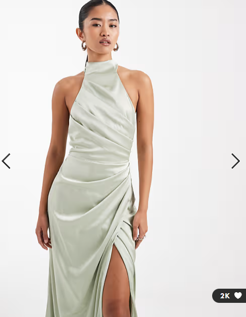 TFNC Bridesmaid satin halter neck pleat detail maxi dress in sage green