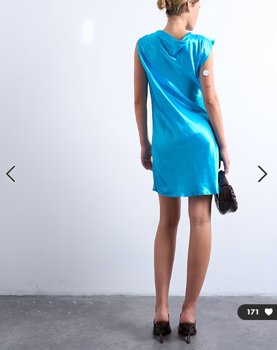 Topshop grown on shoulder ruched waist mini dress in blue satin