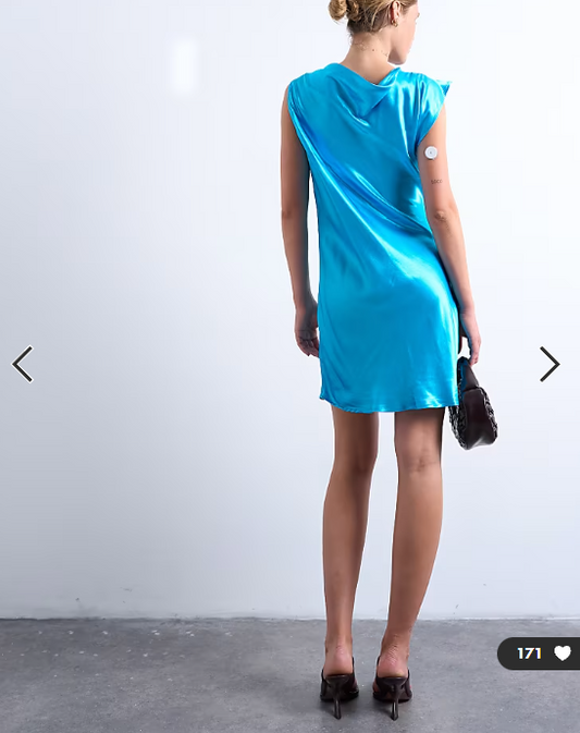 Topshop grown on shoulder ruched waist mini dress in blue satin