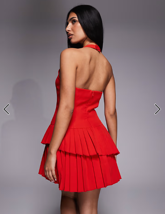 Kaiia exclusive tailored halter neck asymmetric ruffle tiered mini dress in red