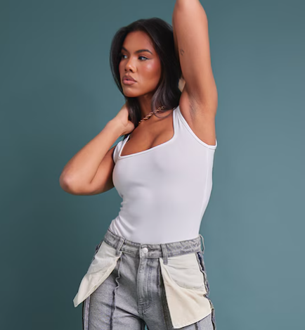 White Crepe Square Neck Bodysuit
