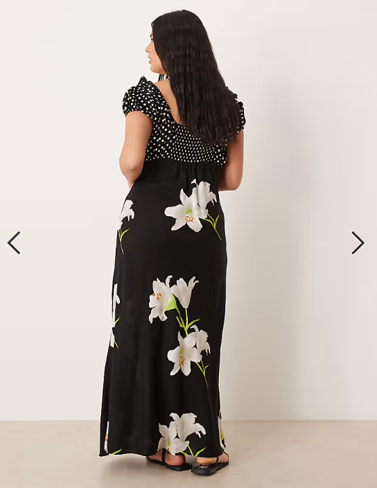 ASOS DESIGN Curve scoop neck maxi dress with frill and tie detail in mixed spot and floral print