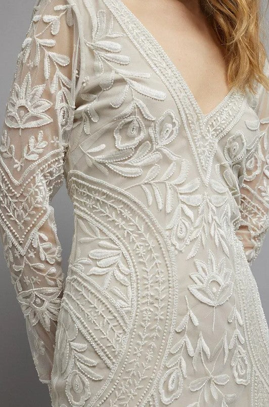 Premium Embellished V Neck Long Sleeve Maxi Dress