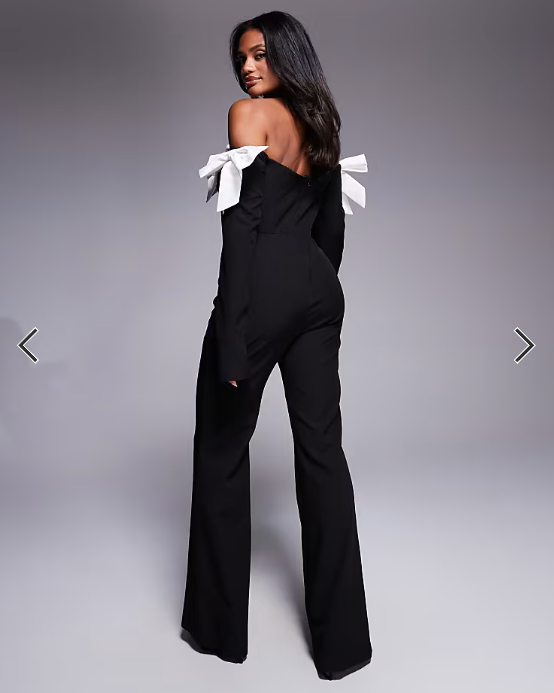 ASOS LUXE satin bow off shoulder jumpsuit in black contrast