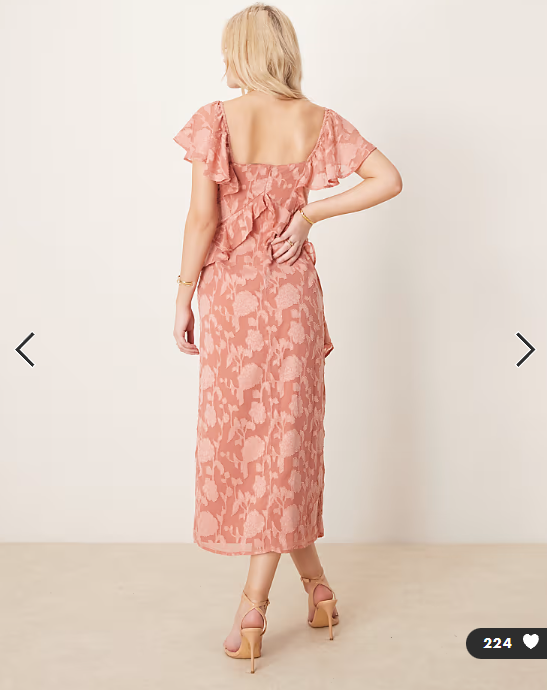 Pretty Lavish ruffle jacquard midaxi dress in terracotta