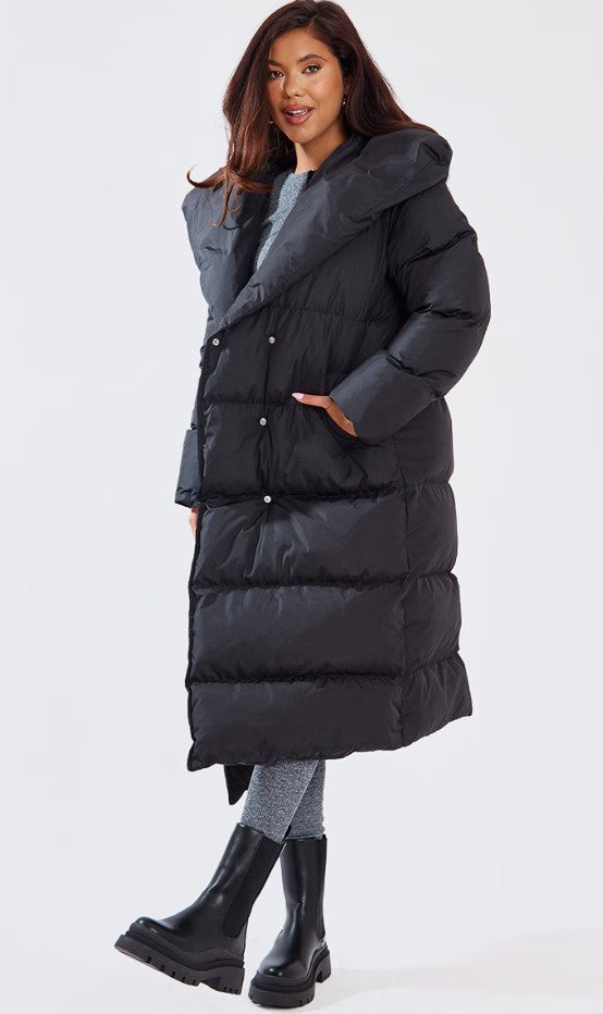 Black Chevron Quilted Maxi Puffer Coat