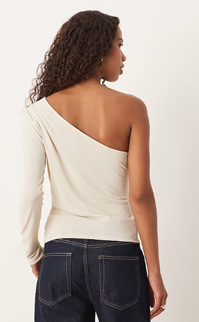 ASOS DESIGN modal twisted shoulder long sleeve top in cream
