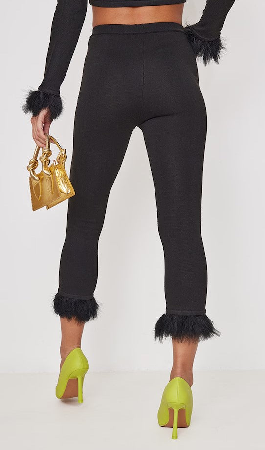 Black Feather Trim Knit Leggings