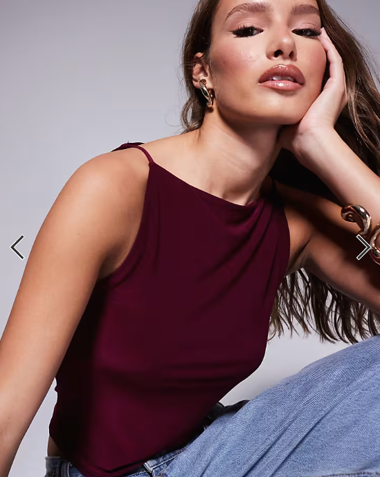 ASOS DESIGN slinky 90's boat neck strappy top in burgundy