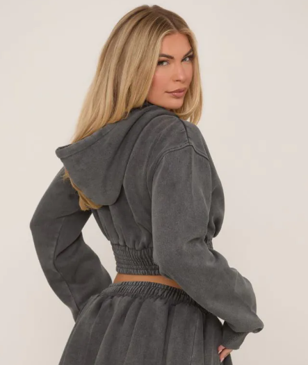 Long Sleeve Cropped Zip Up Hoodie In Grey