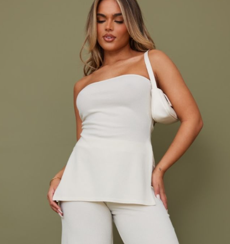 Beige Rib Split Hem Longline Bandeau