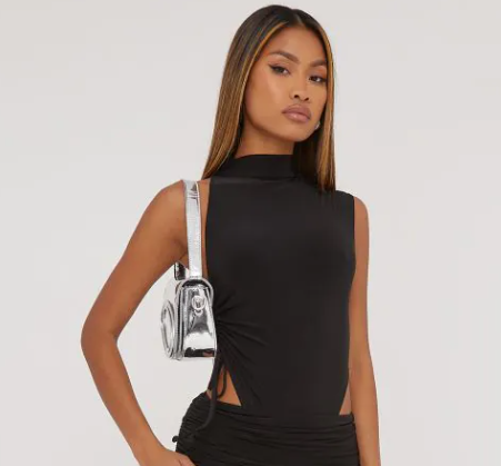 High Neck Ruched Side Detail Bodysuit In Black Slinky
