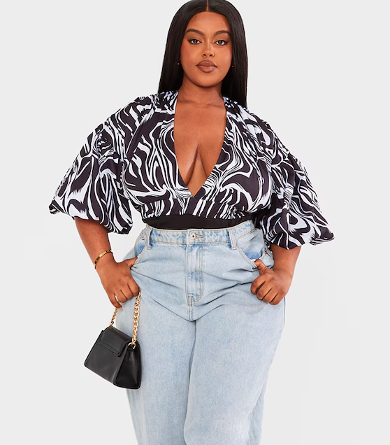 Plus Black Zebra Print Puffball Sleeve Bodysuit