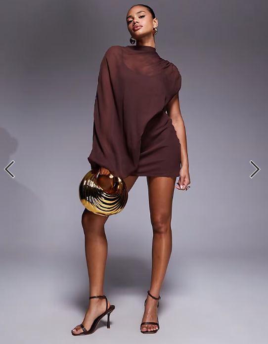 ASOS DESIGN high neck draped asymmetric mini dress with cut out in chocolate