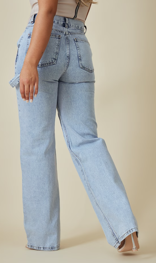 Light Blue Wash Seam Detail Panel Straight Leg Jeans