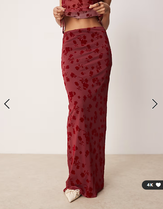 ASOS DESIGN flocked mesh low rise co ord maxi skirt in red
