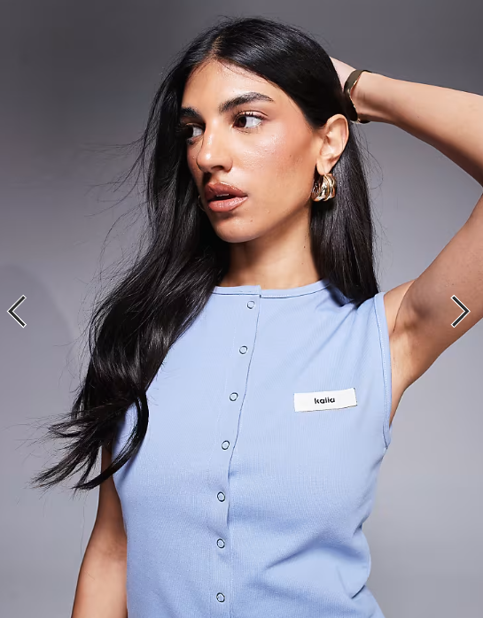 Kaiia exclusive cotton blend sleeveless cropped button through vest top co-ord in blue