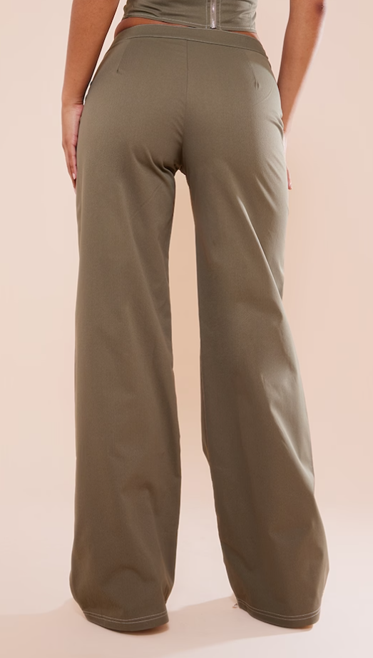 Khaki Twill Contrast Seam Straight Leg Cargo Trousers