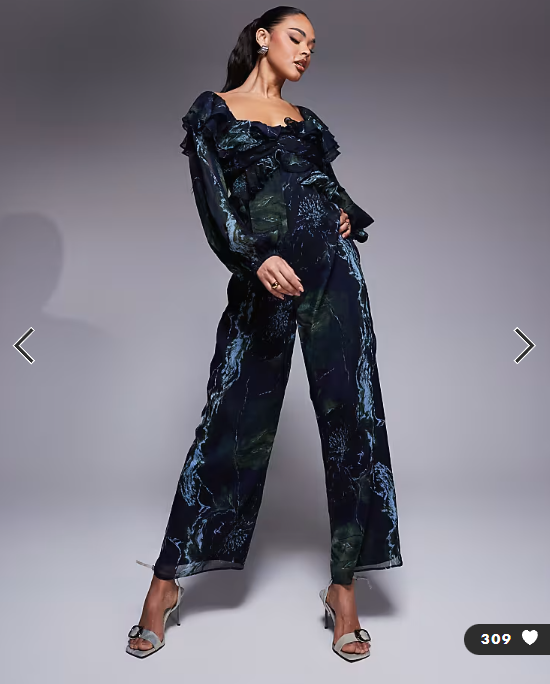 ASOS DESIGN long sleeve ruffle off shoulder jumpsuit in blurred floral print