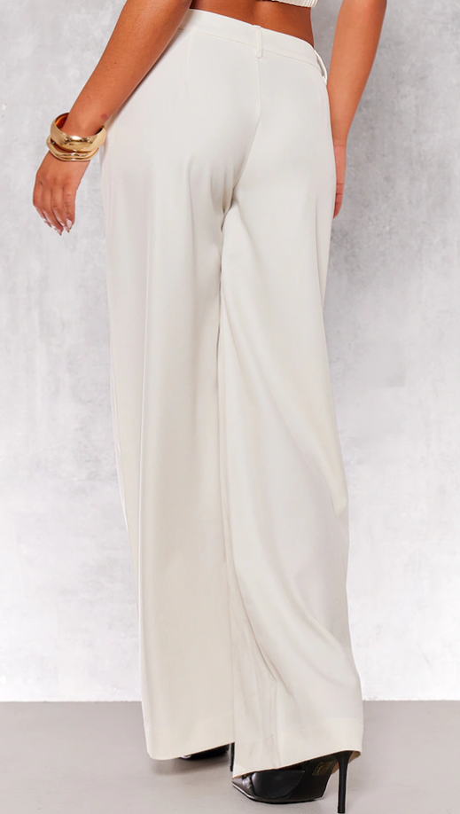 White Woven Tailored High Waist Pleated Pants