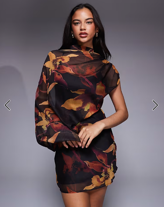 ASOS DESIGN high neck draped asymmetric mini dress with cut out in dark abstract floral