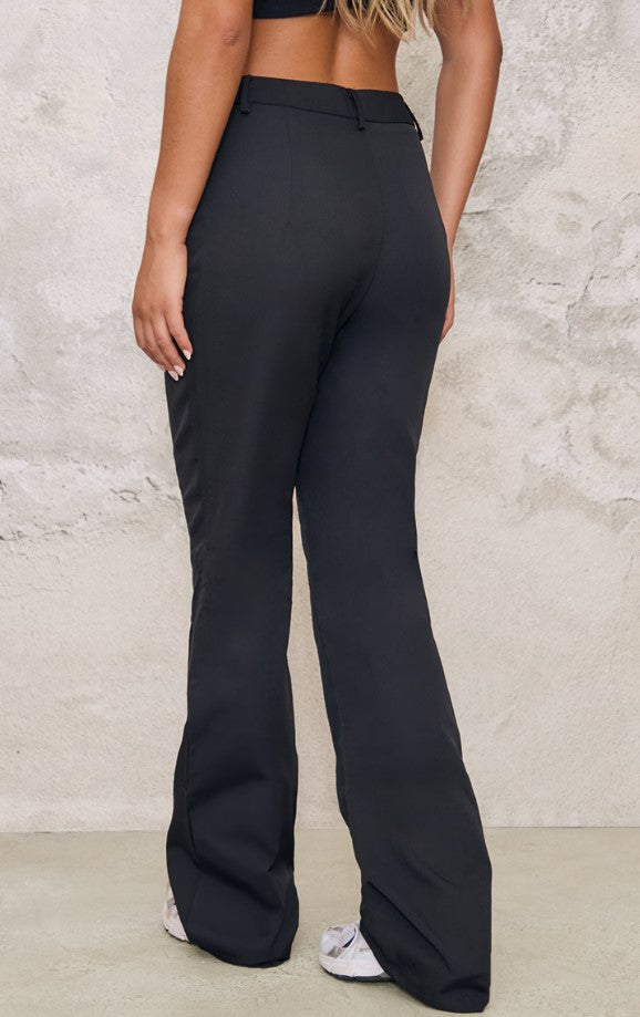 Black Woven V Front Pintuck Flared Trousers