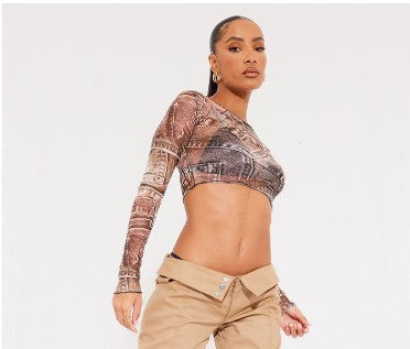 Beige Word Print Mesh Long Sleeve Crop Top