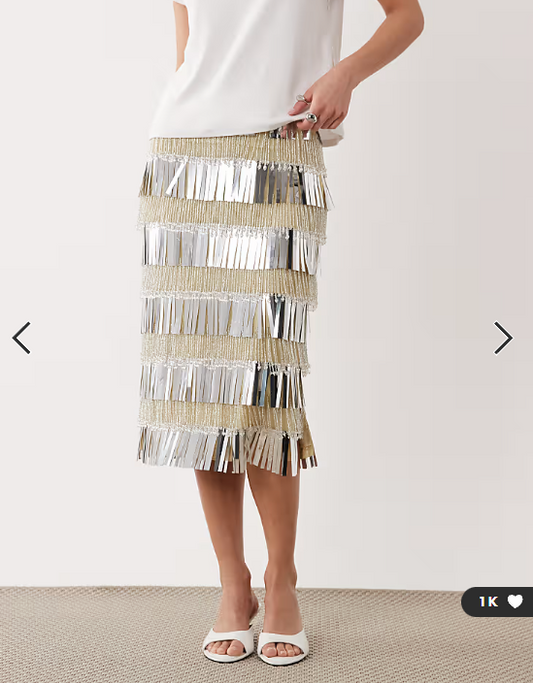 ASOS DESIGN fringe embellished midi skirt in silver