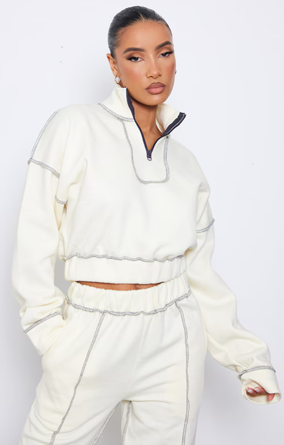 Cream Contrast Stitch Half Zip Cropped Sweat