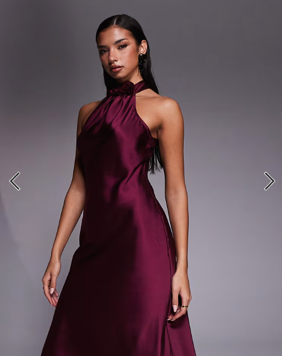New Look satin corsage detail halterneck midi dress in burgundy
