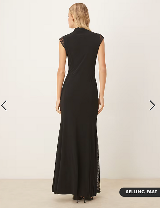 ASOS DESIGN high neck cap sleeve maxi dress with lace insert detailing in black