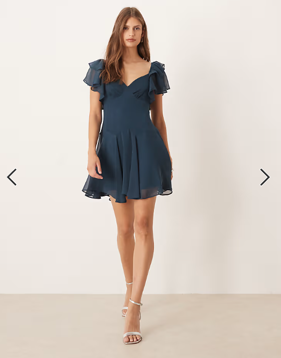 ASOS DESIGN tea mini chiffon dress with ruffle hem in dark green