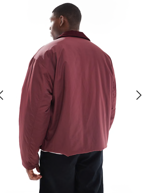 ASOS DESIGN oversized jacket with cord collar in burgundy