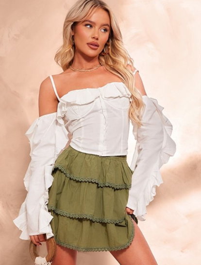 White Linen Look Hook & Eye Frill Sleeve Corset Top