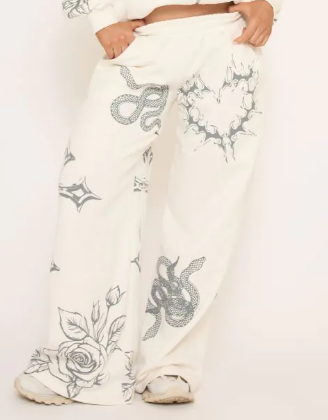 High Waist Contrast Print Detail Wide Leg Joggers In Cream
