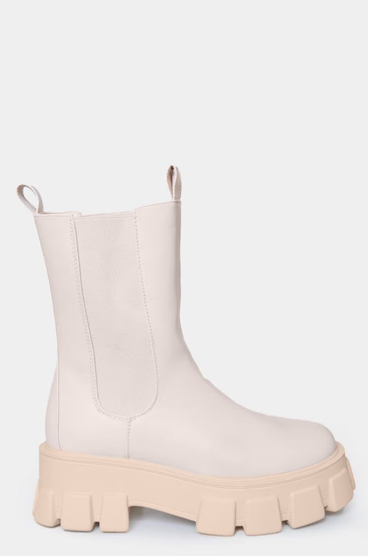 Cream PU Chunky Sole High Chelsea Ankle Boots