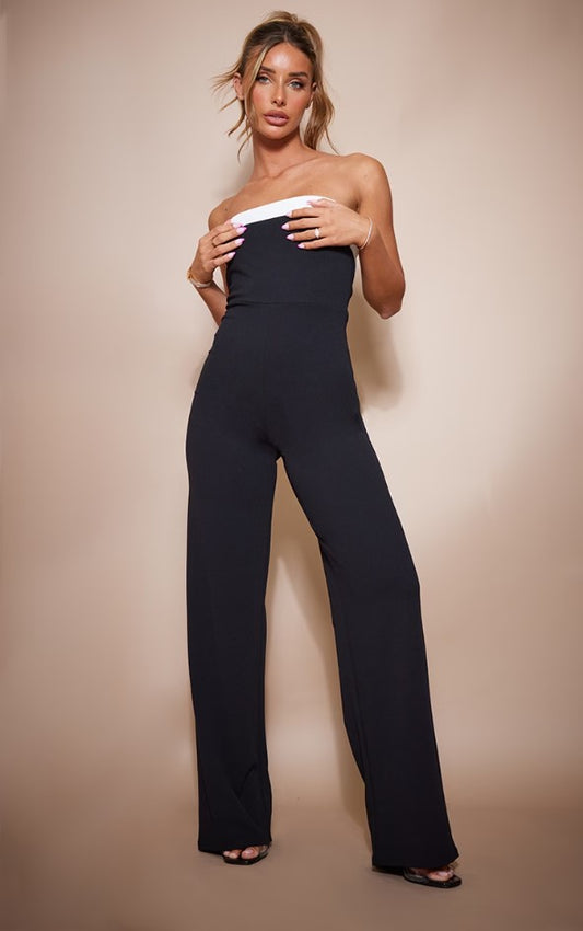 Black Crepe Contrast Fold Over Detail Wide Leg Jumpsuit